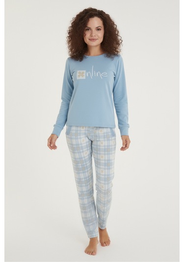 Luxury Thermal Online Çiçek Desenli Kadın Polar Kışlık Pijama Takımı 42063 Mavi