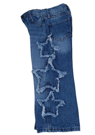 Kız Çocuk Yıldız Detaylı Likrasız Beli Lastik Ayarlamalı Mavi Renk Kot Pantolon Kot Mavi