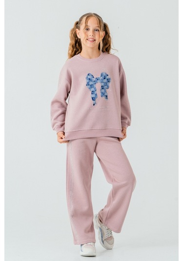 Kız Çocuk Fiyonk Nakışlı Taşlı 3 İplik Kalın Kışlık Eşofman Takımı Ak4222 Pudra