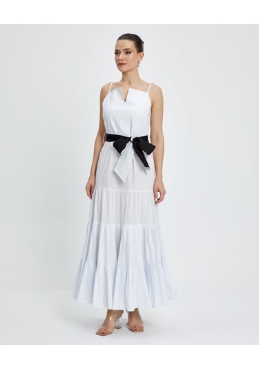 Kadın Askılı Uzun Elbise - Kemer Detaylı - Modern Ve Şık - Günlük Ve Özel Günler İçin Elbise Ekru