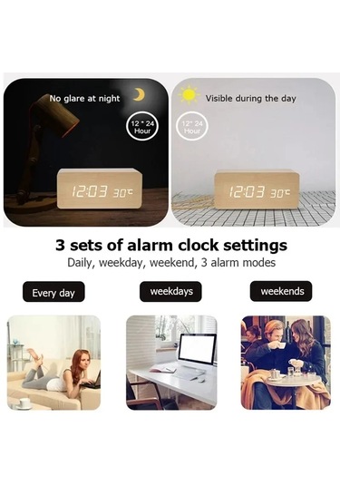 Dijital Led Ahşap Çalar Saat Sıcaklık Ses Kontrolü Erteleme
