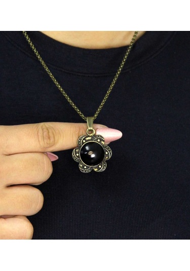 Doğal Taş Oniks Doğal Taşlı Desenli Otantik Kadın Kolye 45 Cm Zincirli Euk18o Siyah