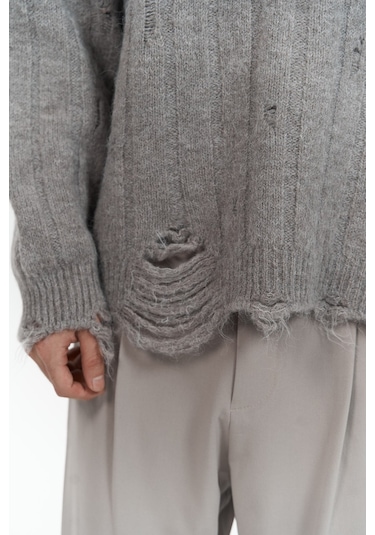 Vincent Yırtık Detay Boz Kahve Erkek Triko Kazak Kahverengi Melanj