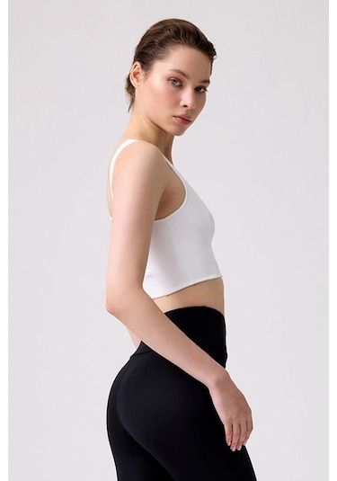 Krem Kare Yaka Crop Top Büstiyer Krem