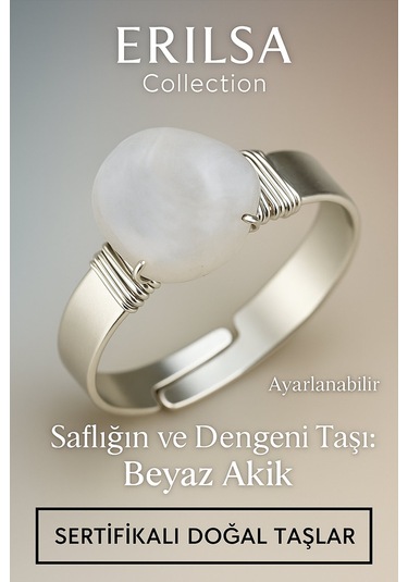 Sertifikalı Doğal Beyaz Akik Taşı Yüzük Kalın Tımbıl Kasa Gümüş Renk Ayarlanabilir Beyaz