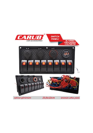 Carub Anahtar Switch Paneli 8 Lı Voltmetre + Usb + Çakmak Kırmızı Işıklı 23,5x12 Cm Br4630155
