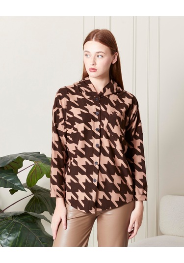 Bw Best Woman Kapüşonlu Oversıze Pera Gömlek-kahverengi Desenli Kahverengi