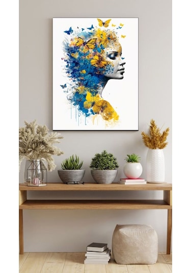 Sarı Kelebek Kadın Kanvas Tablo Ev Salon Mutfak Gol Oda Hediyelik Duvar Dekarasyon Süsü Ölçü Seçiniz