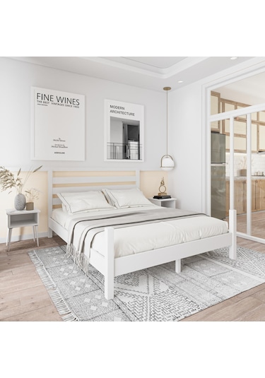 Urban Model Beyaz Renk Çam Ahşap Karyola Ve İki Komodin Set-179 150 x 200 CM