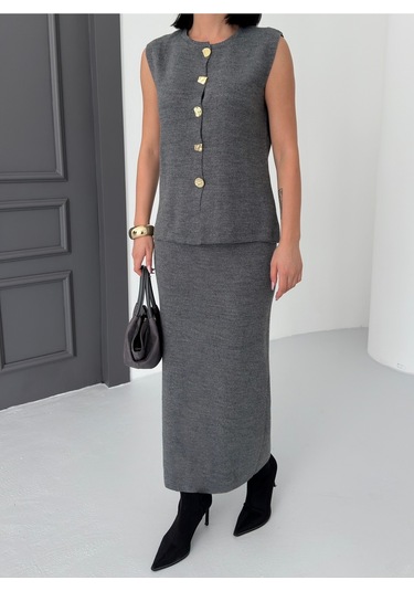 Kadın Düğme Detaylı Yelek Uzun Etek Alt Üst Triko Takım Antrasit