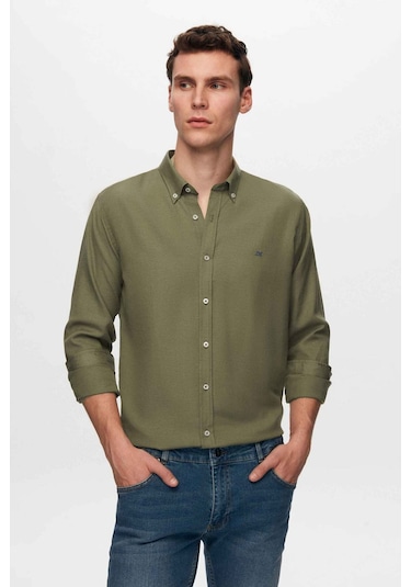 Ds Damat Slim Fit Haki Oxford Düğmeli Yaka Kolay Ütülenebilir Nakış Detaylı Pamuklu Gömlek 4HC02ORT03265 Haki