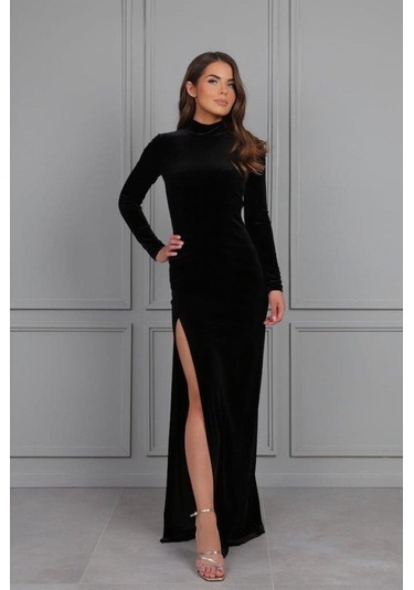 Kadın Uzun Kollu Yarım Balıkçı Yaka Derin Yırtmaç Detay Krep Tam Boy Elbise Siyah