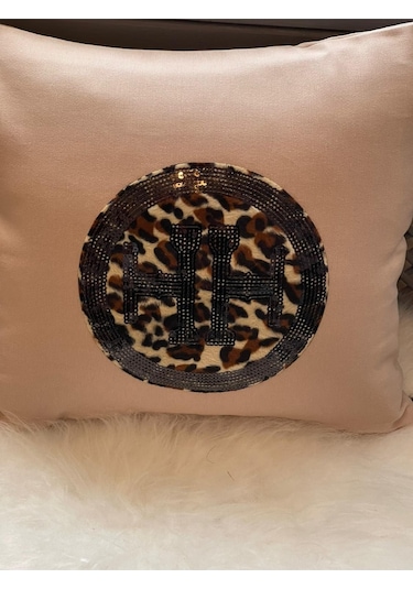 Leopar Tüylü Pul Payetli Kırlent Yastık Kılıfı 40x40 Krem