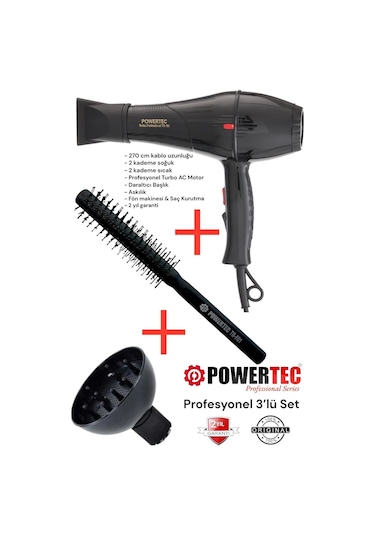Powertec TR-701 Profesyonel Fön Makinesi + Vigo Difüzör Başlık + Profesyonel Fön Fırçası
