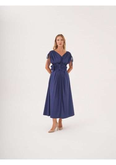 Kadın Bel Detaylı Kısa Kollu Elbise Çiçek Aplikeli, Büzgü Ve Bağcık Detaylı, %100 Pamuk Lacivert