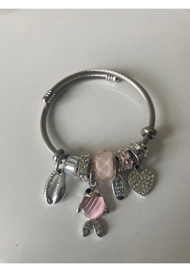 Uzel Çelik Bileklik Gümüş Silver Model Pembe, Balık Char...