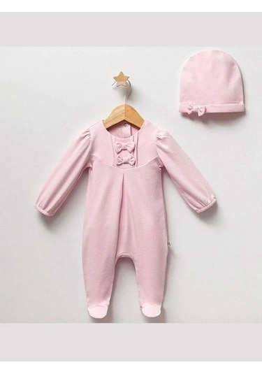 Kız Bebek Şapkalı Fiyonklu Tulum-15128 Pudra