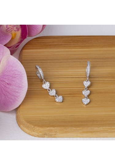 3'lü Kalp Model 925 Ayar Gümüş Zirkon Taşlı Kadın Küpe Gümüş