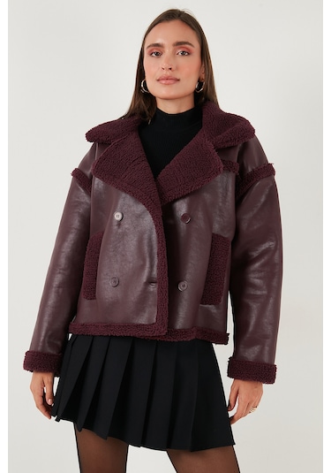 Lela Oversize Kruvaze Yaka Peluş Detaylı Suni Deri Biker Ceket Bayan Mont 6810247 Bordo
