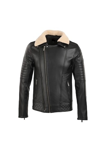 Oliggopol Erkek Siyah Kuzey Yaka Kürklü Slim Fit Deri Ceket Mont Siyah
