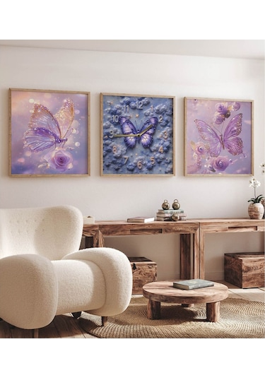 Mor Kelebekli Mdf Tablo Seti Ahşap Çerçeveli 3 Lü Saatli Kombin Renkli
