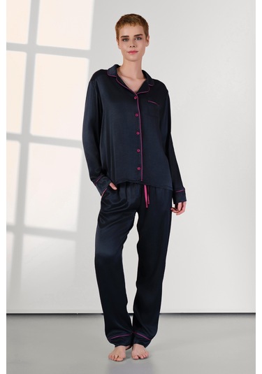 Kadın Uzun Kol Önden Düğmeli Saten Lacivert Pijama Takım C7t3n0o4 001
