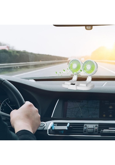 9626 360 Derece Dönüş Çift Kafa Araba Soğutma Fanı Şarj Edilebilir İki Hızlı Masa Fanı - Beyaz
