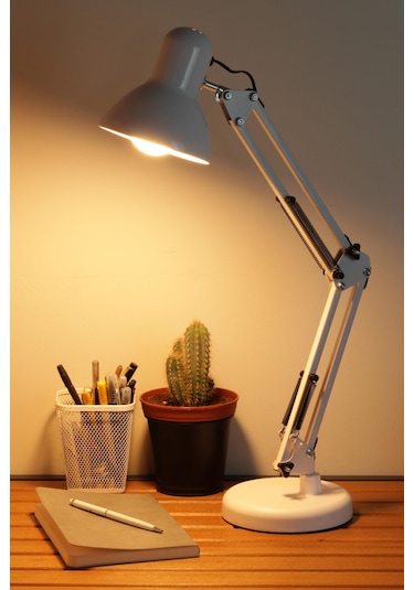 2li Set Masa Lambası + Kronometreli Öğrenci Saati Akrobat Metal 360 Çalışma Masası Lambası Beyaz Beyaz