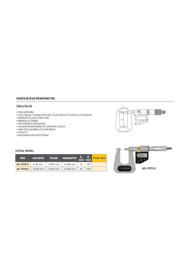 Fett As-157024 25-50 mm Asimeto Dijital Derin Boğaz Mikrometre