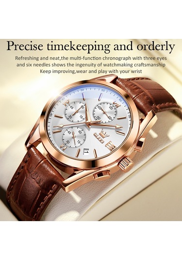 Olevs 2872 Erkekler Üç Göz Altı İğne Kronograf Su Geçirmez Kuvars Saat Beyaz + Gül Altın