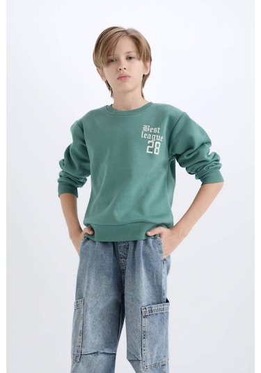 DeFacto Erkek Çocuk Oversize Geniş Kalıp Bisiklet Yaka Sırt Baskılı Kalın Sweatshirt D1912A824WNGN757