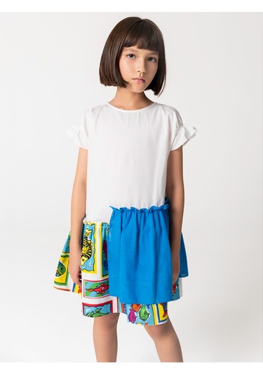 Sheshe Yarım Kollu Pamuklu Balık Desenli Kız Çocuk Elbise Renkli