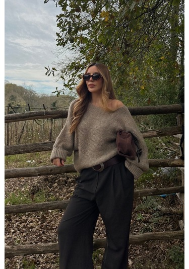 Vizon Kayık Yaka Kazak - 4338 Vizon