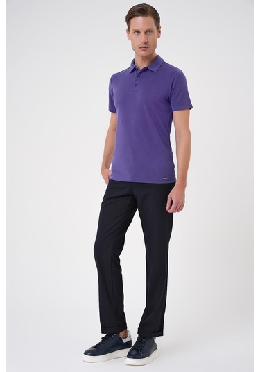 Slim Fit Düğmeli Polo Yaka Pamuklu Mor Tişört Ts 879 Mor