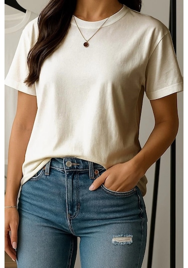 Vexor Kadın Bisiklet Yaka Oversize T-shirt Kırık Beyaz