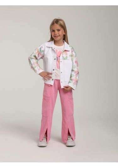 Kız Çocuk Çiçek Desenli Kot Ceket-15633 Beyaz