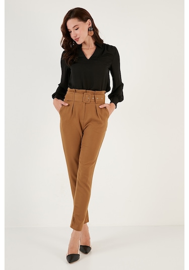 Lela Yüksek Bel Cepli Kemerli Regular Fit Kumaş Bayan Pantolon 611Pl04 Hardal