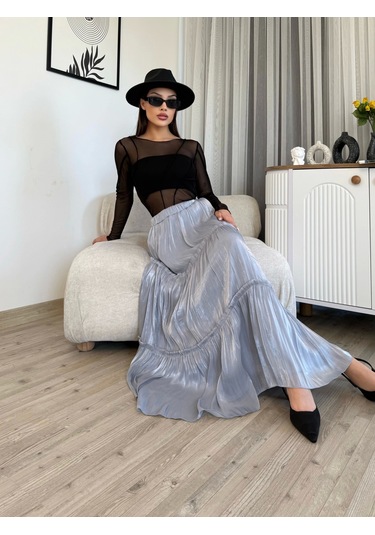 Büzgü Detaylı Beli Lastikli Etek 6005-gri Gri