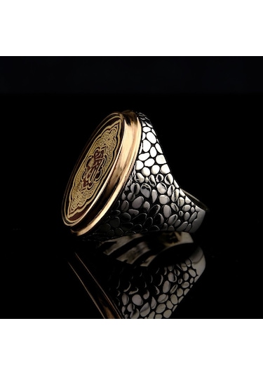 925 Ayar Gümüş Allah Lafzı Yazılı Kırmızı Mineli Erkek Yüzük Gümüş