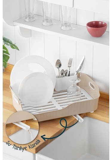 Vienev Lavabo Kenarı Tezgah Üstü Süzgeçli Bulaşıklık Bej