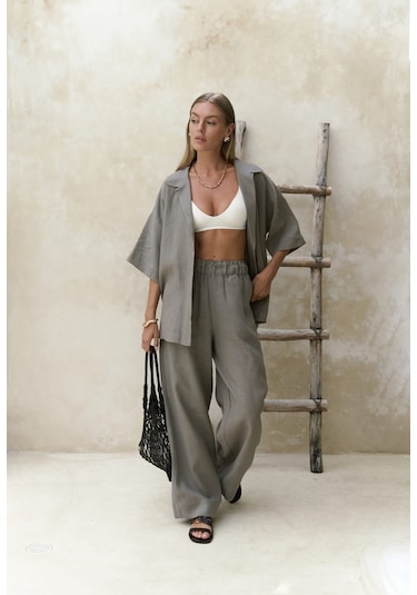 Mai Collection Baron Füme Keten Gömlek Pantolon Takım Füme