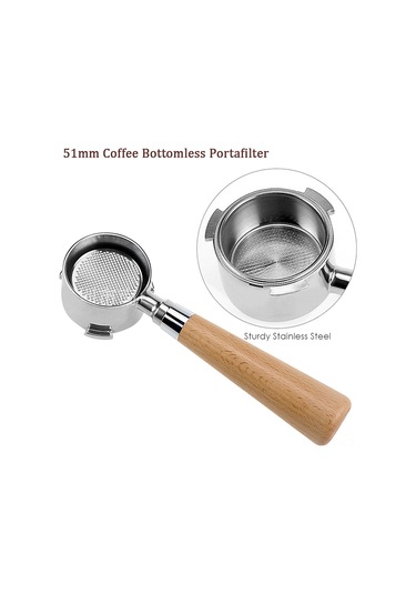 Teltree 51mm Üç Kulaklı Paslanmaz Çelik Kahve Portafilter, Ahşap Kolu, Profesyonel Ekstraksiyon, Ev Kullanıma Uygun, Filtre Sepeti İçerir Diğer
