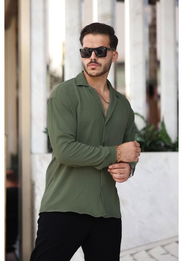 Tex Republic Erkek Yeşil Rahat Kesim Dokulu Oversize Salaş Aerobin Gömlek Yeşil