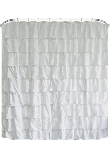 Su Geçirmez Oluklu Kenar Duş Perdesi Fırfırlı Banyo Perdesi Dekorasyonu Beyaz