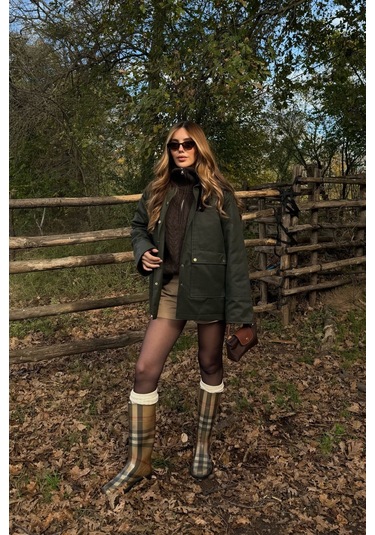 Haki Kadife Ek Yaka Detaylı Mont - 5132 Haki