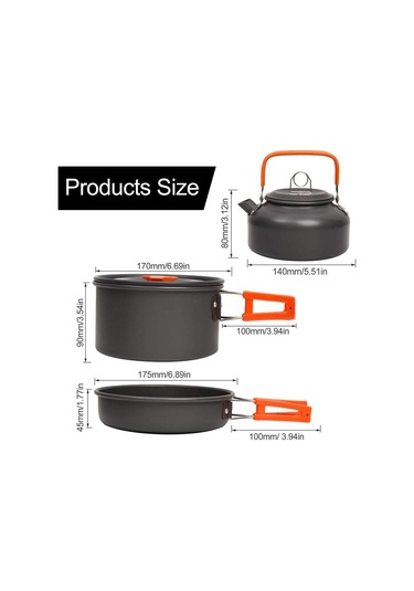 Tcherchi 3 Parça Set Kamp Tencere Seti Açık Pişirme Seti Su Isıtıcısı Tava Pot Sofra Ekipmanları Siyah - Turuncu Siyah