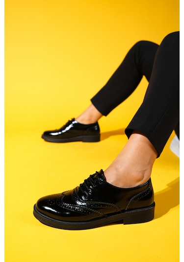 Avra Siyah Rugan Hakiki Deri Kadın Oxford Ayakkabı Siyah