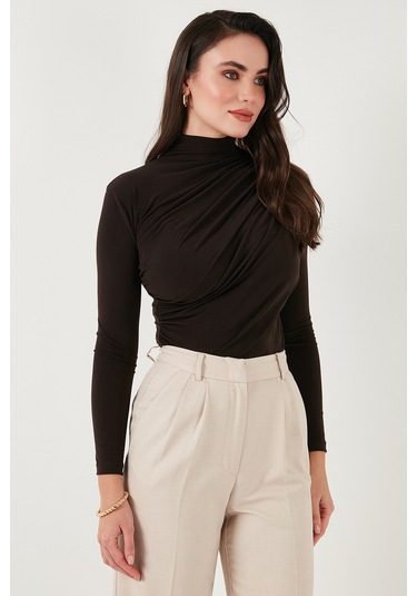 Lela Streç Büzgü Detaylı Slim Fit Dik Yaka Bayan Bluz 669925 Kahve