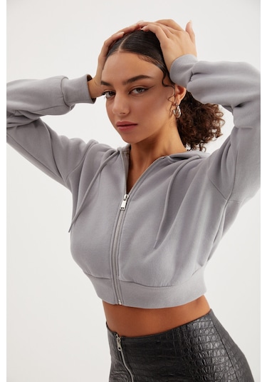 Delıa Kadın Crop 3 Iplik Şardonlu Örme Relaxed Fit Fermuarlı Kapüşonlu Gri Sweatshirt