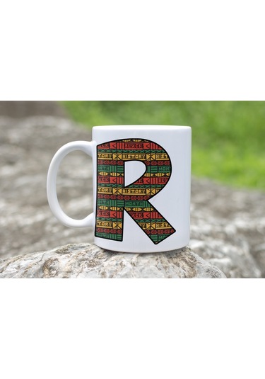 R Harfi Etnik Desenli Kupa - Afrika Tarzı Kahve Çay Kupası - Hediyelik - Black History Beyaz
